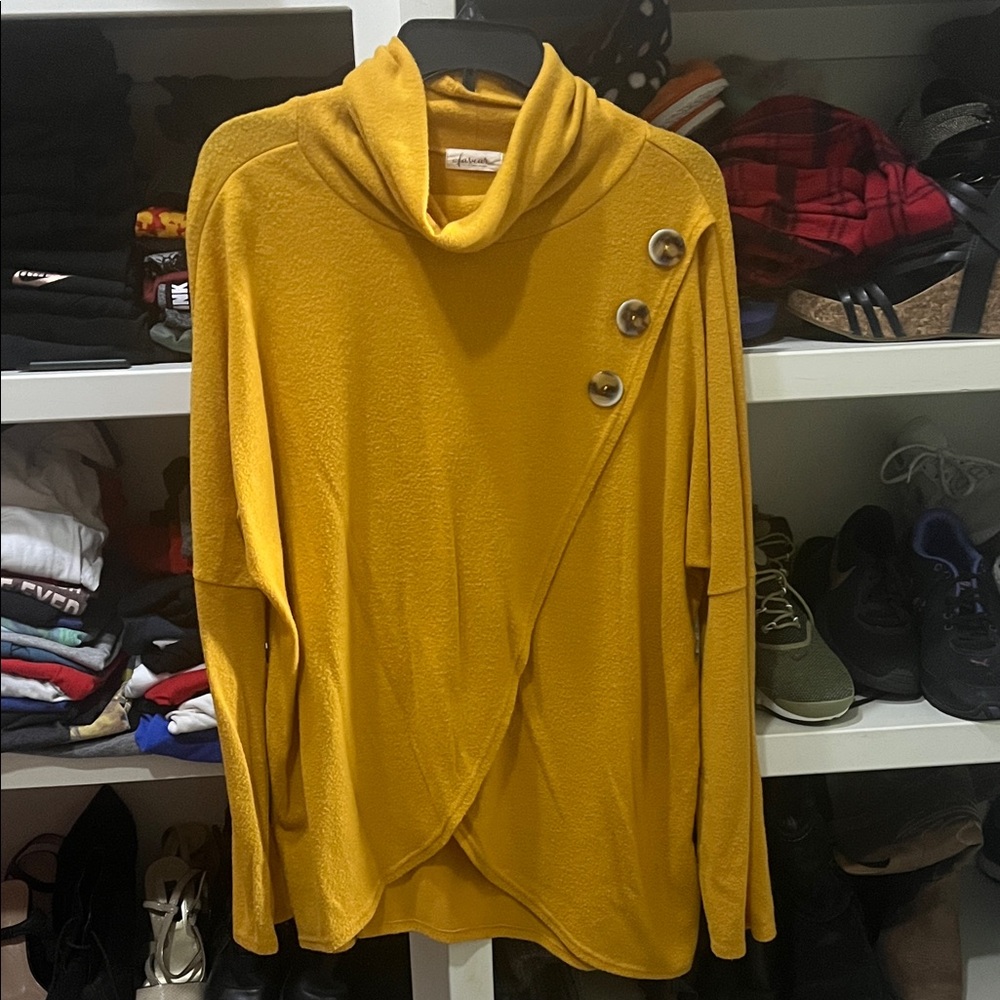 Elegant Mustard Cowl Neck Sweater with Button Details